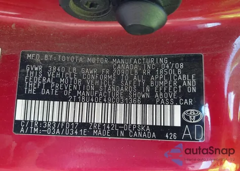 2009 Toyota Corolla S z USA, uszkodzony, nr VIN 2T1BU40E49C031366